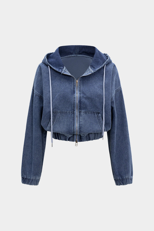 Denim Zipper Hooded Long-Sleeve Top
