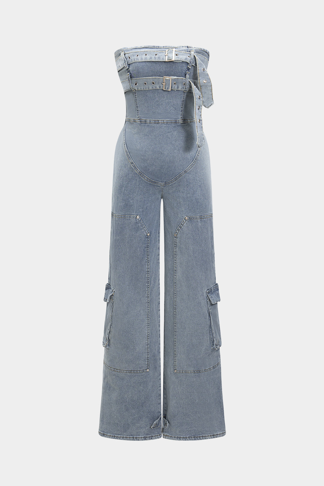 Denim Belted High Waist Strapless Sleeveless Jumpsuit