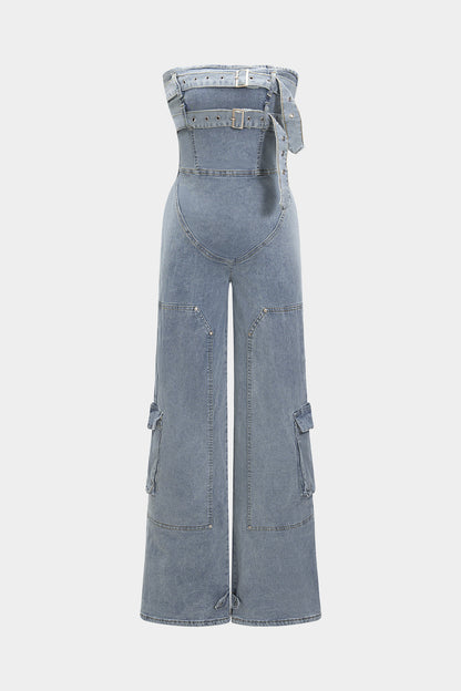 Denim Belted High Waist Strapless Sleeveless Jumpsuit
