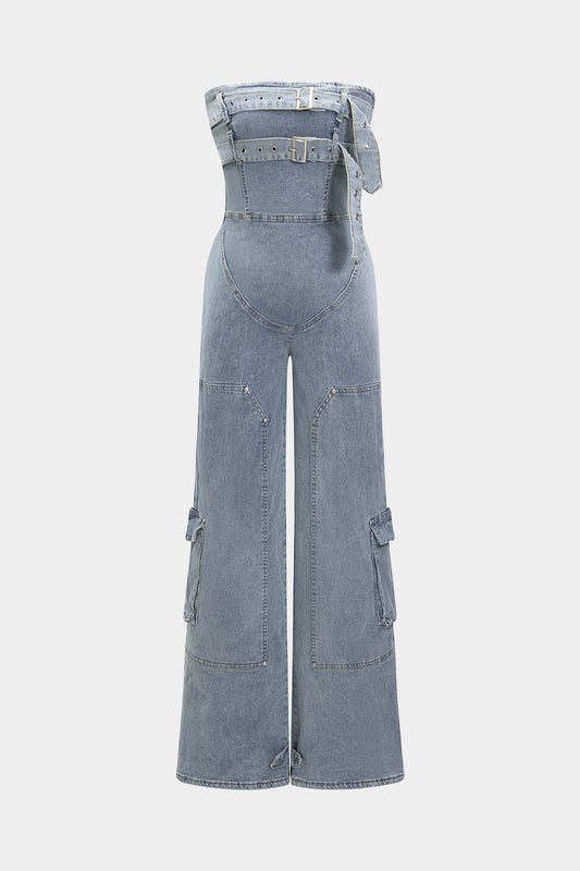 Denim Belted High Waist Strapless Sleeveless Jumpsuit