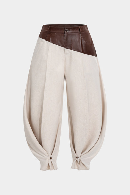 Plus Size Faux Leather Linen Patchwork Ruched Trousers