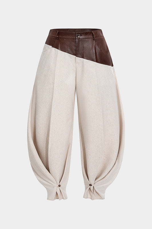 Plus Size Faux Leather Linen Patchwork Ruched Trousers