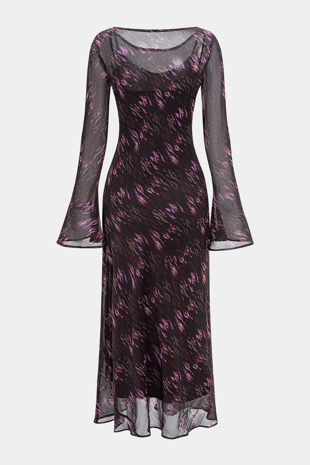 Abstract Leopard Print Chiffon Ruched Long Sleeve Maxi Dress