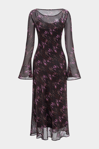 Abstract Leopard Print Chiffon Ruched Long Sleeve Maxi Dress