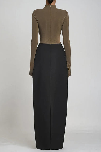 Satin Metallic Ruched Patchwork Zipper Long Sleeve Maxi Dress