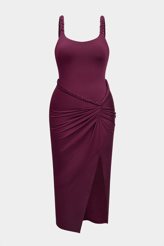 Plus Size Braided Ruched Sleeveless Midi Dress