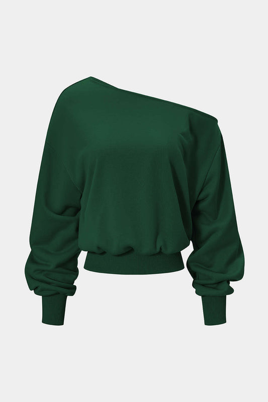 Patchwork Asymmetrical Shoulder Long-Sleeve Top