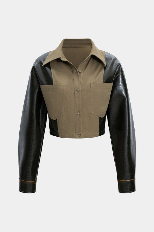 Faux Leather Patchwork Pocket Long-Sleeve Shirt