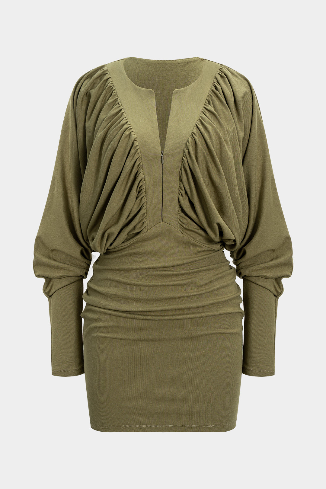 Ruched Zipper Long Sleeve Mini Dress