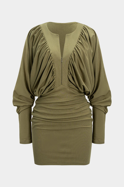 Ruched Zipper Long Sleeve Mini Dress