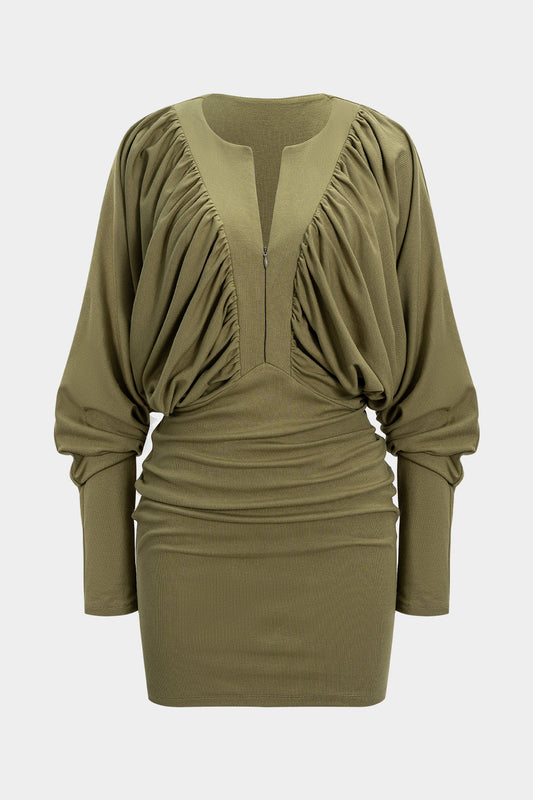 Ruched Zipper Long Sleeve Mini Dress