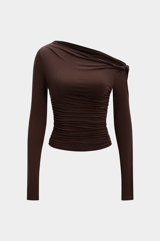 Asymmetrical One Shoulder Ruched Long-Sleeve Top