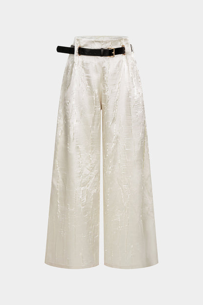 Satin Texture Belted Wide Leg Low Waist Trousers