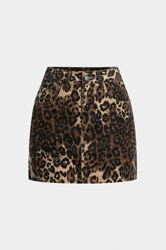 Denim Leopard Print High Waist Skirt