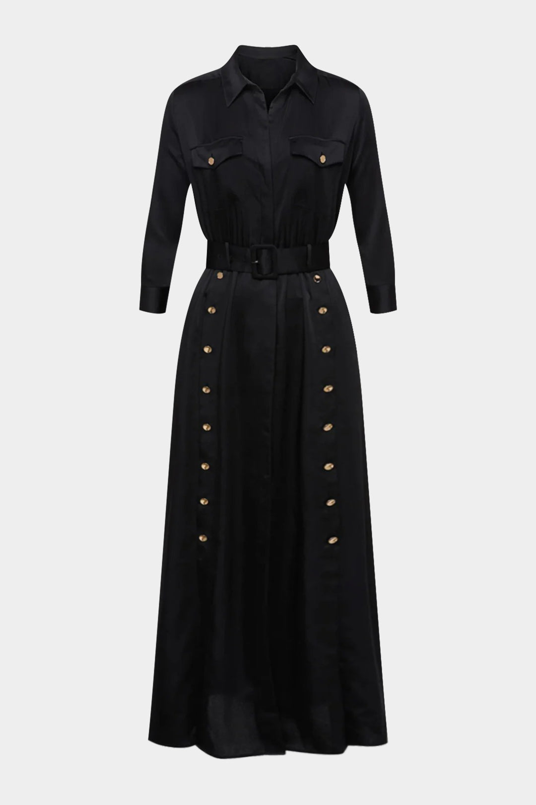 Satin Button Belted Long Sleeve Maxi Dress