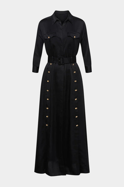 Satin Button Belted Long Sleeve Maxi Dress