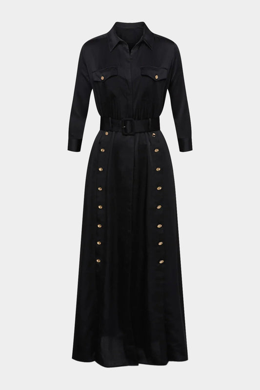 Satin Button Belted Long Sleeve Maxi Dress