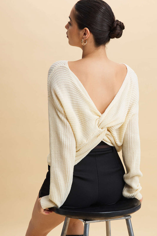 Knit Backless Twist Knot Long-Sleeve Top