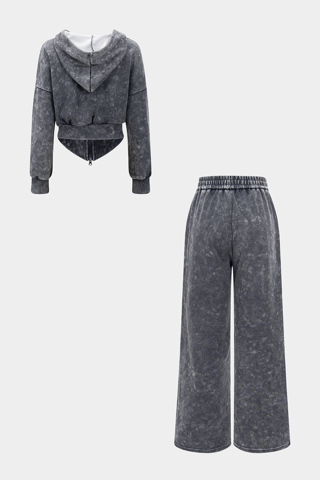 Drawstring Zipper Hoodie And Shirred Waistband Trousers Set