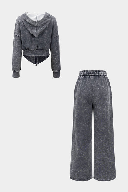 Drawstring Zipper Hoodie And Shirred Waistband Trousers Set