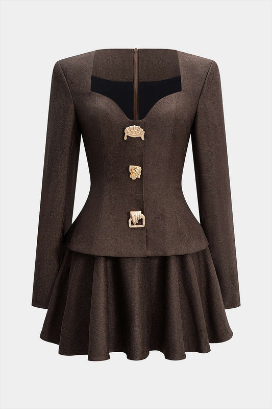Metallic Decor Ruched Zipper Shoulder Pads Ruched Long Sleeve Mini Dress