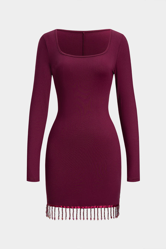 Round Neck Fringe Long Sleeve Mini Dress