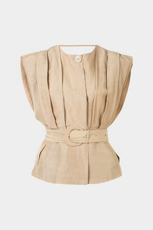 Pleated Round Neck Belted Vest