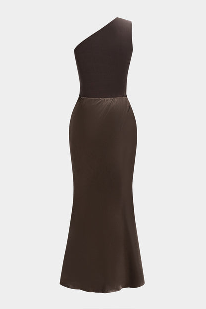 Satin Patchwork One Shoulder Ruched Sleeveless Maxi Dress