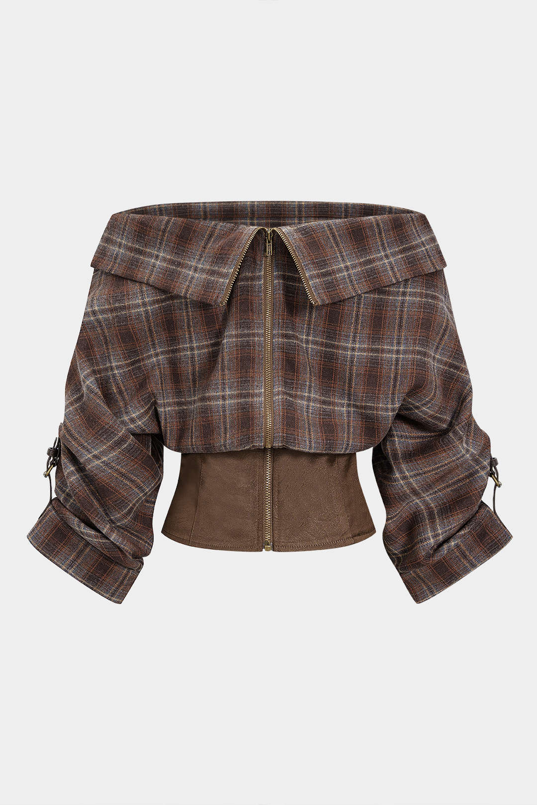 Plaid Print Satin Patchwork Off Shoulder Zipper Long-Sleeve Shirt
