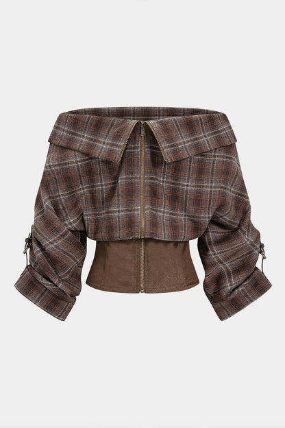 Plaid Print Satin Patchwork Off Shoulder Zipper Long-Sleeve Shirt