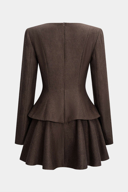 Metallic Decor Ruched Zipper Shoulder Pads Ruched Long Sleeve Mini Dress