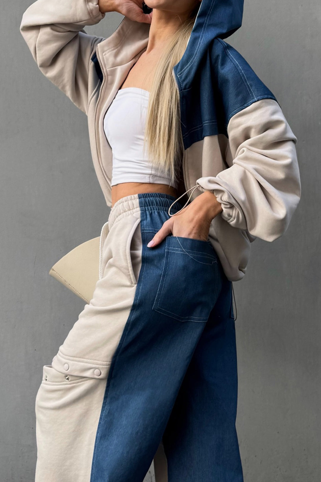 Denim Patchwork Zipper Stitching Hoodie